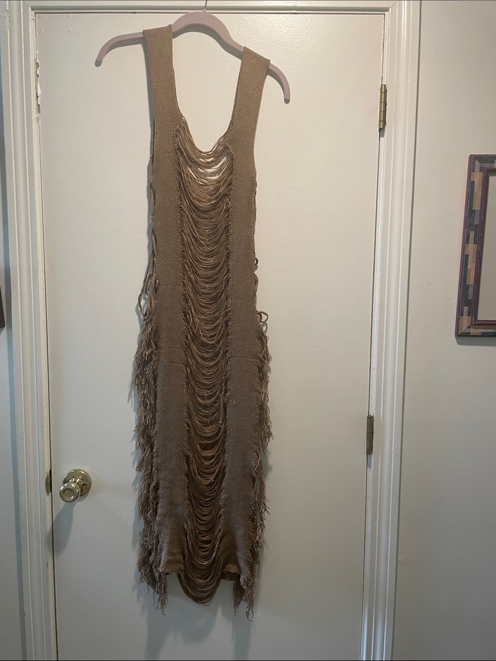 Brown Fringe Shredded Boho Knit Tank Dress - Brand Unspecified